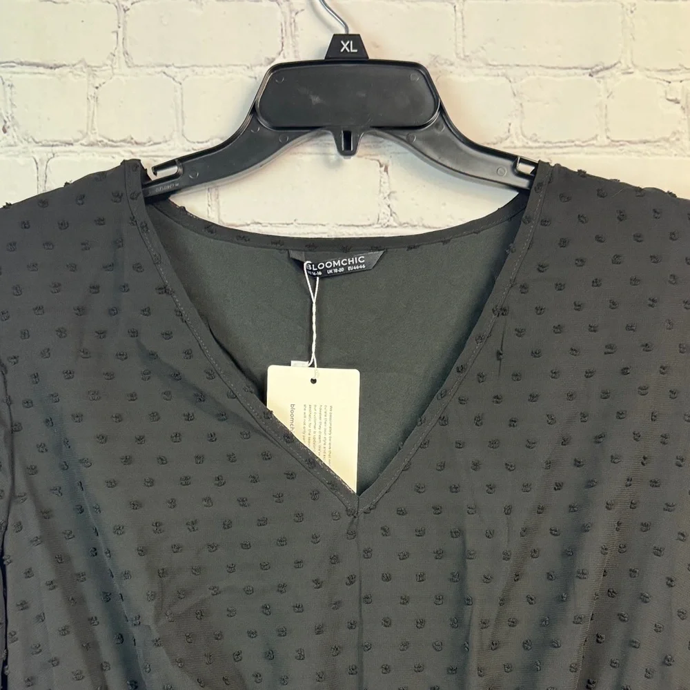 Elegant Black Dot Sheer Overlay Long Sleeve Dress Plus Size 1X - Picture 5 of 9